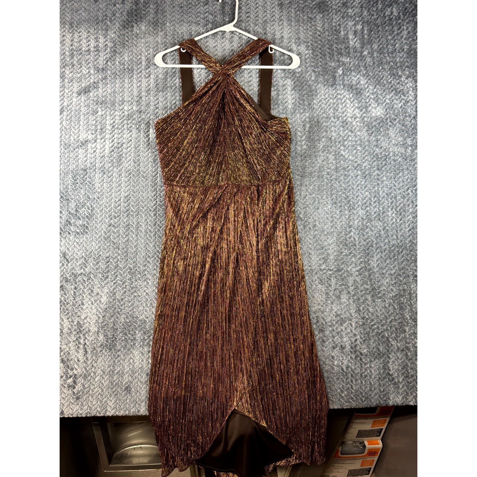 Adrianna Papell Midi Dress Womens 8 Bronze Pleated Crinkle Metallic Halter Neck